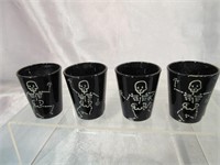 4 Black Glass Shot Glasses w/Dancing Skeletons