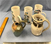 Lot of 3 beer steins maybe hand made, and a hand t