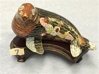 Cloisonné seal on a wood base 4.5" long