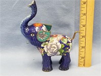 Cloisonné elephant, blue with flowers 6.5" tall