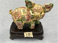 Cloisonné pig, 4" long with a wood base 3.5" tall