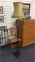 MID CENTURY BRASS AND WOOD FLOOR LAMP WITH SHADE