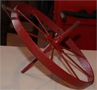 Red iron wheelbarrow wheel w/axle; 20" diam, rim