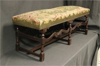 Carved Wooden Bench. Tapestry Upholstery