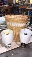 Wicker lined laundry basket, pair of stainless