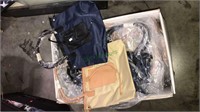 Box of Aroche handbags, beige and navy blue,