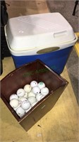 Wood waste basket with golf balls, Rubbermaid