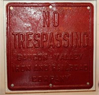 RR Metal sign on wood board,  "NO TRESPASSING