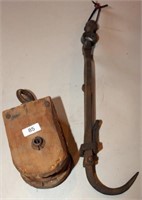 Handwrought metal hook & pulley 7" x 3.375(broken)