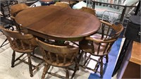 Walnut colonial table and six chairs, One leaf,