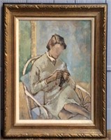Oil On Canvas Portrait Of Woman Knitting