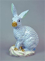 LARGE HEREND BLUE FISHNET SEATED RABBIT