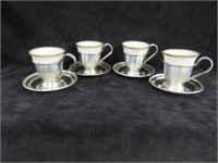 (4) STERLING SILVER CUP AND SAUCERS WITH PORCELAIN