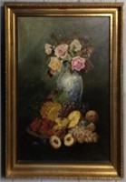 Oil On Canvas Still Life Of Fruit And Flowers