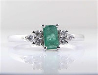 14K White Gold Emerald Cut Emerald, Diamond Ring