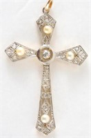 Platinum cross pendant w diamonds & pearls