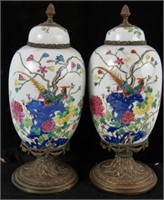 Pair antique Chinese porcelain bronze mounted urns