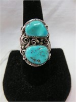 STERLING AND TURQUOISE RING SIGNED M.F.