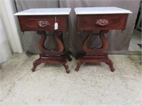 PAIR OF CARVED MAHOGANY LYRE BASE MARBLE TOP