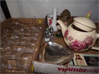 ETCHED STEMS, TEAPOT, FIGURINES & OTHER DECOR