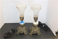 PAIR OF STRETCH GLASS SHADED DRESSER LAMPS