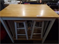 WOODEN DINING TABLE W/ 2 BAR STOOLS