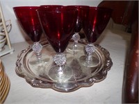 CHESHIRE SERVING TRAY W/ SIX(6) RUBY RED GOBLETS