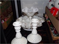 RUFFLED GLASS BOWLS & COMPOTE~HOBNAIL CANDLESTICKS