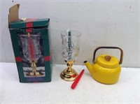 Christmas Candle Holder & Vtg Metal Teapot