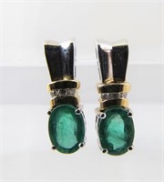 14K Oval Shaped Emerald, Diamond Earrings