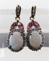 14K Opal, Diamond Pink Tourmaline Earrings
