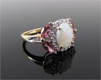 14K Opal, Diamond, Pink Tourmaline Ring