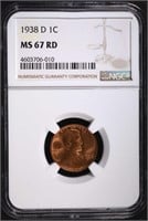 1938-D LINCOLN CENT, NGC MS-67 RED