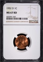 1952-D LINCOLN CENT, NGC MS-67 RED