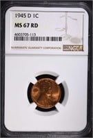 1945-D LINCOLN CENT, NGC MS-67 RED