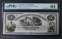 1860's $3 CITIZENS' BANK OF LOUISIANA PMG 64