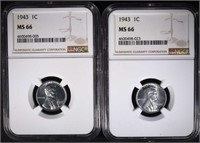 2-1943 LINCOLN STEEL CENTS, NGC MS66