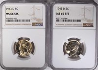 (2) 1943-D JEFFERSON NICKELS, NGC-MS66 5FS