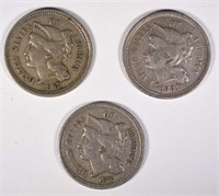 1865, 72 & 81 THREE CENT NICKELS, XF