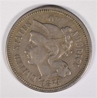 1874 THREE CENT NICKEL, XF