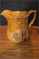 Brown Ceramic Pitcher w Flower Design- 9" tall