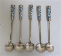 Five Japanese silver enamel spoons 68g