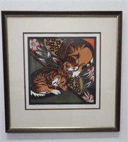C.Hiller linocut Tabby Cats signed dated