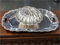 LARGE METAL SERVING TRAY W SWAN CLAM SHELL