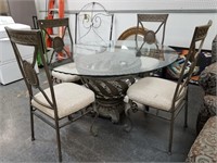 GLASS TOP ROUND DINING TABLE W 4 CHAIRS