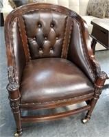 LEATHER ORNATELY CARVED BARREL OFFICE CHAIR