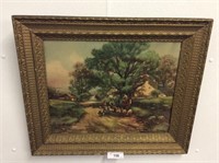 Vintage framed painting with farming scene in