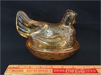 VINTAGE AMBER GLASS COVERED HEN