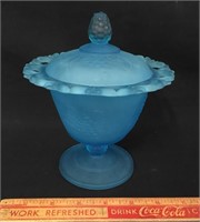 VINTAGE FROSTED BLUE GLASS COMPOTE CANDY DISH