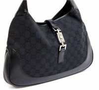 GUCCI JACKIE BLACK MONOGRAM CANVAS SHOULDER BAG